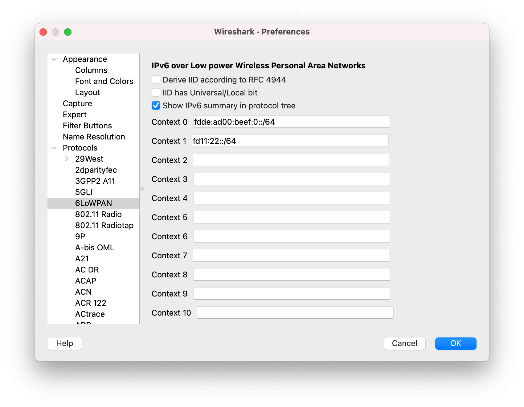 Wireshark Preferences 6LoWPAN